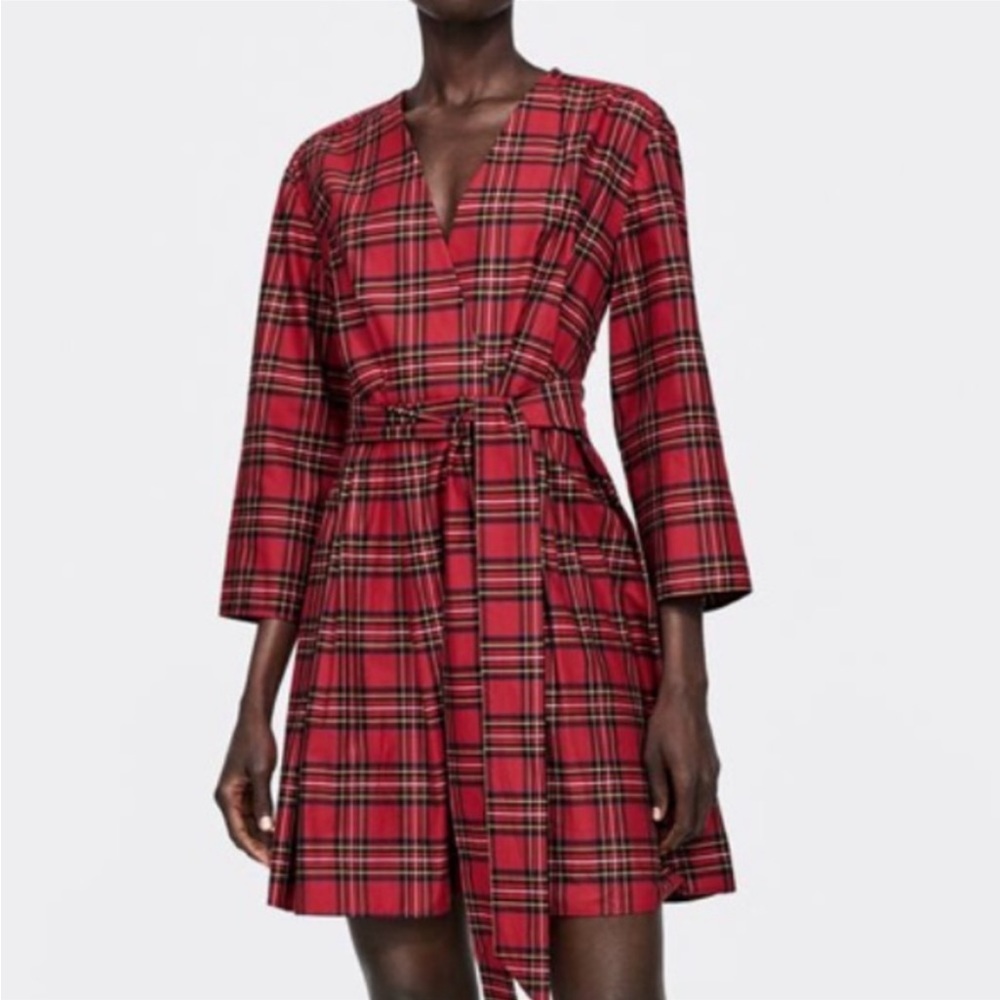 Zara Red Plaid Checked Checkered V Neck Long Sleeve Belted Dress Large